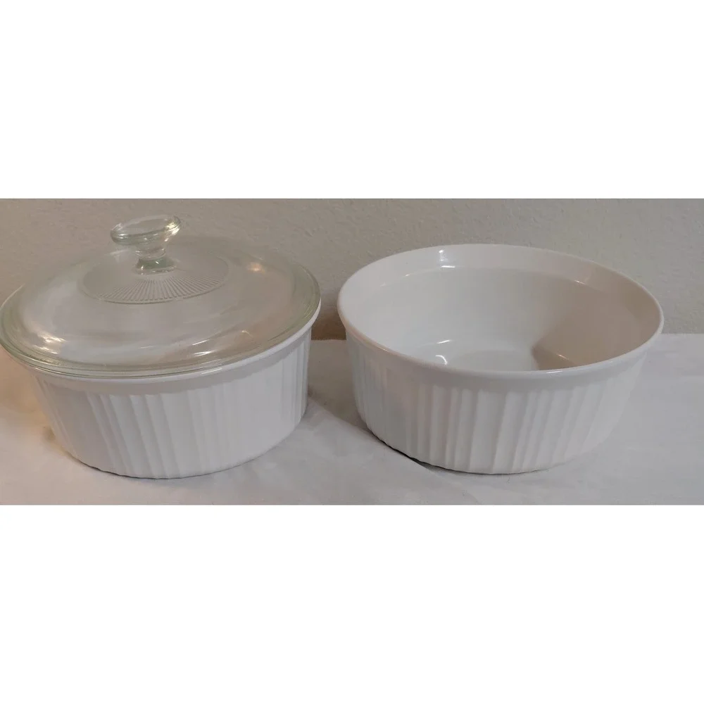 CorningWare French White 2.5 Qt Casserole Dish Lot 2 Bowls Glass Lid F-1-B